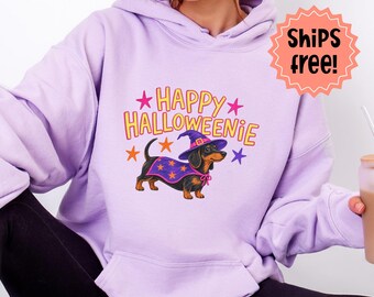 Dachshund Halloween Sweatshirt, Happy Halloweenie Hoodie; Trendy Fall Doxie Sweatshirt, Fall Weiner Dog Hoodie; add custom sleeve