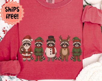 Raccoon Christmas T-Shirt, Raccoons in Costume Long Sleeve Tee, Winter Trash Panda Lover Gift; Holiday Raccoons Comfort Colors Tees