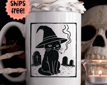 Customizable Black Cat Smoking Mug, Lino Cut Style Witchy Cat with Cigarette Coffee Cup, Personalized Fall & Halloween Cat Lover Gift