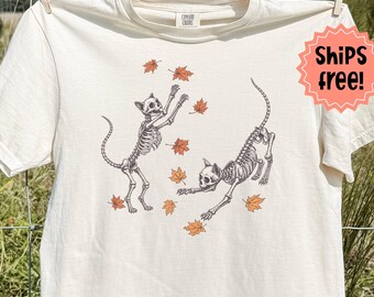 Cat Skeletons Comfort Colors T-Shirt; Fall Kitty Skeleton Tees; Frolicking Fall Kitties, Spooky Fall Cats; Halloween Cat Lover Gift