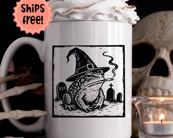 Customizable Smoking Toad Mug, Lino Cut Style Witchy Frog with Cigarette Coffee Cup, Personalized Fall & Halloween Animal Lover Gift