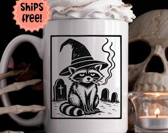 Customizable Smoking Raccoon Mug, Lino Cut Style Witchy Raccoon with Cigarette Coffee Cup, Personalized Fall & Halloween Trash Panda Gift