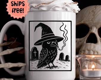 Customizable Smoking Crow Mug, Lino Cut Style Witchy Raven with Cigarette Coffee Cup, Personalized Fall & Halloween Bird Lover Gift