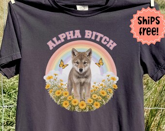 Alpha Bitch Wolf Pup Comfort Colors T-Shirt; Feminist Graphic Tee; Retro Vibe Rainbow, Daisies & Wolf - Female Empowerment Gift