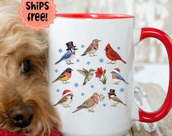 Customizable Winter Bird Mug, American Birds Holiday Coffee Cup, Vintage Vibe Christmas Bird Mug, Personalized Bird Watcher/Bird Lover Gift