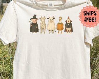 Farm Halloween Shirt, Farm Animals in Costume Comfort Colors T-Shirt, Trick-or-Treat Pig, Goat, Cow, Goose & Chicken; Fall Hobby Farmer Gift