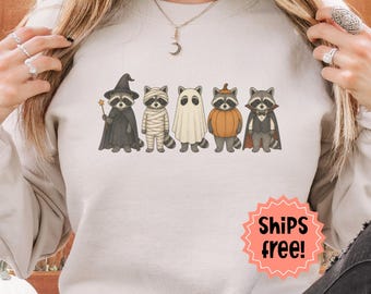 Raccoon Halloween Sweatshirt, Raccoons in Costume Hoodie, Fall Animal Lover Gift; Trick-or-Treat Trash Pandas, add custom sleeve