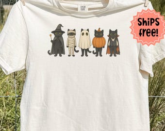 Black Cats Halloween T-Shirt, Kitties in Costume Comfort Colors Tee, Fall Black Cat Lover Gift; Trick-or-Treat Kitty