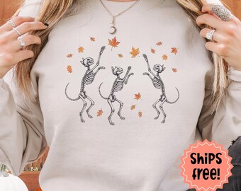 Cat Skeletons Sweatshirt; Fall Kitty Skeleton Hoodie; Frolicking Fall Kitties, Spooky Fall Cats; Halloween Cat Lover Gift, add custom sleeve