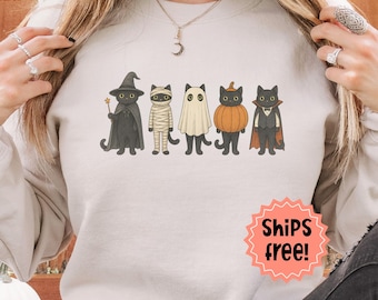 Black Cats Halloween Sweatshirt, Kitties in Costume Hoodie, Fall Black Cat Lover Gift; Trick-or-Treat Kitty, add custom sleeve