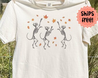 Cat Skeletons Comfort Colors T-Shirt; Fall Kitty Skeleton Tees; Frolicking Fall Kitties, Spooky Fall Cats; Halloween Cat Lover Gift