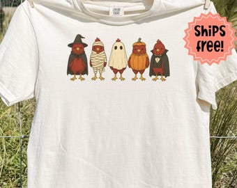 Chicken Halloween Shirt, Chickens in Costume Comfort Colors T-Shirt, Fall Homesteading Gift; Trick-or-Treat Chickens
