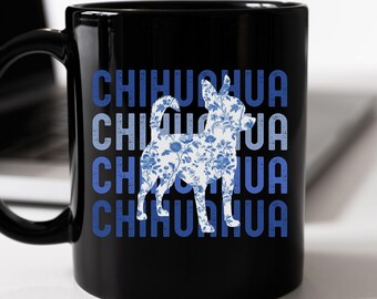 Customizable Chihuahua Blue Toile Graphic Mug, Personalized Chi Chi Dog Keepsake Gift