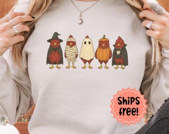 Chicken Halloween Sweatshirt, Chickens in Costume Hoodie, Fall Homesteading Gift; Trick-or-Treat Chickens, add custom sleeve; Fall Hens Top
