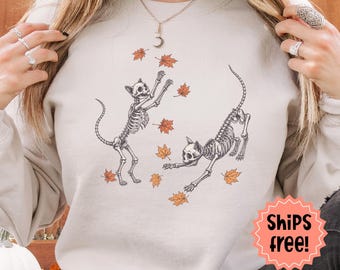 Cat Skeletons Sweatshirt; Fall Kitty Skeleton Hoodie; Frolicking Fall Kitties, Spooky Fall Cats; Halloween Cat Lover Gift, add custom sleeve