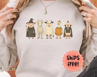 Farm Halloween Sweatshirt, Farm Animals in Costume Hoodie, Trick-or-Treat Pig, Goat, Cow, Goose & Chicken; Fall Farmer, add custom sleeve