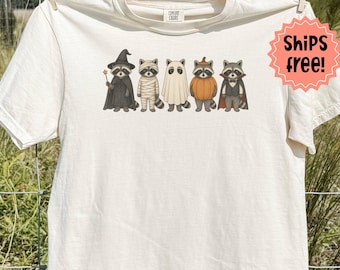 Raccoon Halloween Shirt, Raccoons in Costume Comfort Colors T-Shirts, Fall Animal Lover Gift; Trick-or-Treat Trash Pandas