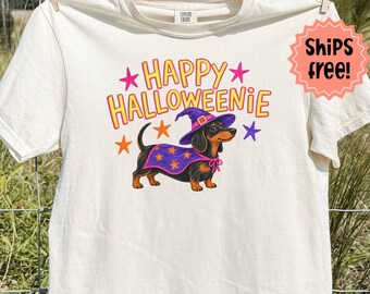 Dachshund Halloween Shirt, Happy Halloweenie Comfort Colors T-Shirt; Trendy Fall Doxie Tees, Fall Weiner Dog Shirts