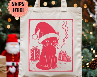 Customizable Black Cat Smoking Christmas Tote, Lino Cut Style Santa Cat with Cigarette Canvas Bag, Personalized Holiday Cat Lover Gift