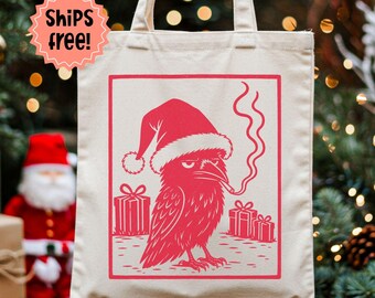 Customizable Smoking Crow Christmas Tote, Lino Cut Style Santa Raven with Cigarette Canvas Bag, Personalized Winter Holiday Bird Lover Gift