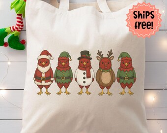 Customizable Chicken Christmas Tote, Chickens in Costume Canvas Bag, Winter Chicken Lady Gift; Holiday Hens Personalized Canvas Bag