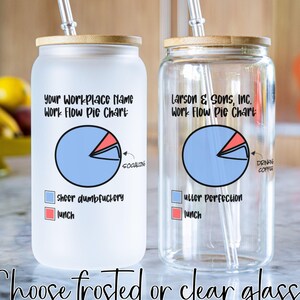 May include: Two glass tumblers with bamboo lids and clear straws. One is frosted, the other clear. Each features a pie chart graphic with text: "Your Workplace Name" and "Larson & Sons, Inc." The text "Choose frosted or clear glass!" is at the bottom.