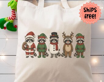 Customizable Raccoon Christmas Tote, Raccoons in Costume Canvas Bag, Winter Animal Lover Gift; Holiday Trash Pandas Personalized Canvas Bag