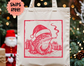 Customizable Smoking Toad Christmas Tote, Lino Cut Style Santa Frog with Cigarette Canvas Bag, Personalized Winter Holiday Animal Lover Gift