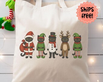 Customizable Black Cats Christmas Tote, Kitties in Costume Canvas Bag, Winter Black Cat Lover Gift; Holiday Cats Personalized Canvas Bag