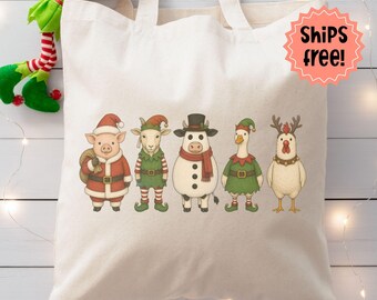 Customizable Farm Christmas Tote, Farm Animals in Costume Canvas Bag, Winter Hobby Farmer Gift; Holiday Livestock Personalized Canvas Bag