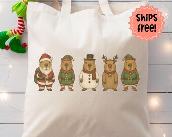 Customizable Capybara Christmas Tote, Capybaras in Costume Canvas Bag, Winter Animal Lover Gift; Holiday Capys Personalized Canvas Bag