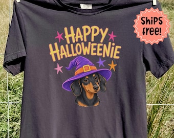 Dachshund Halloween Shirt, Happy Halloweenie Comfort Colors T-Shirt; Trendy Fall Doxie Tees, Fall Weiner Dog Shirts