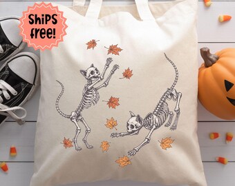 Customizable Cat Skeletons Tote; Fall Kitty Skeleton Canvas Bag; Frolicking Fall Kitties, Spooky Fall Cats; Cat Lover Fall Gift