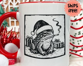 Customizable Smoking Toad Christmas Mug, Lino Cut Style Santa Frog with Cigarette Coffee Cup, Personalized Winter Holiday Animal Lover Gift