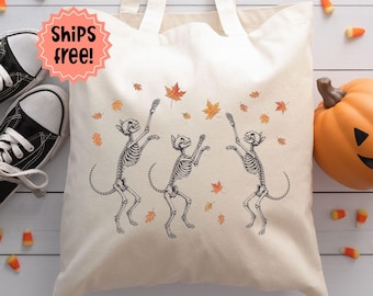 Customizable Cat Skeletons Tote; Fall Kitty Skeleton Canvas Bag; Frolicking Fall Kitties, Spooky Fall Cats; Cat Lover Fall Gift