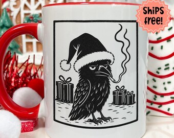 Customizable Smoking Crow Christmas Mug, Lino Cut Style Santa Raven with Cigarette Coffee Cup, Personalized Winter Holiday Bird Lover Gift