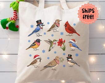 Customizable Christmas Bird Tote, American Birds Holiday Canvas Bag, Winter Vibe Animal Tote Bag, Personalized Bird Watcher/Bird Lover Gift
