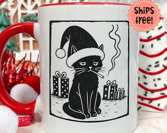 Customizable Black Cat Smoking Christmas Mug, Lino Cut Style Santa Cat with Cigarette Coffee Cup, Personalized Winter Holiday Cat Lover Gift