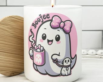 Personalized Cute Pink Ghost with Dog & Latte Coffee Candle, Feminine Kawaii Style Fall Halloween Décor, Y2K Vibe Fall Gifts for Teen Girls