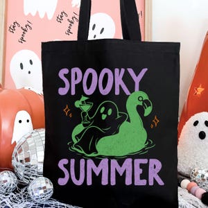 Customizable Spooky Summer Ghost Tote Bag, Ghost on a Floatie Summer Summer Reusable Canvas Bag, Personalized Halloween Lover Gift