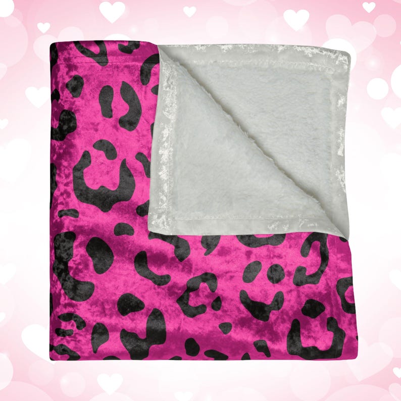 50x60 inch Crushed Velvet Blanket with hot pink & black Y2K inspired leopard pattern design. Can be customized with a name, in decorative retro font.