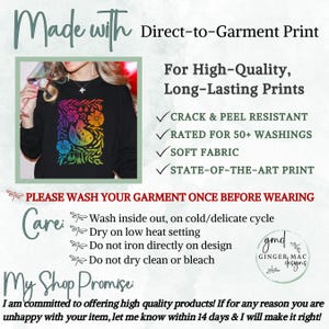 Direct to Garment attributes, care of garment & my shop's 14 day “make it right” promise.