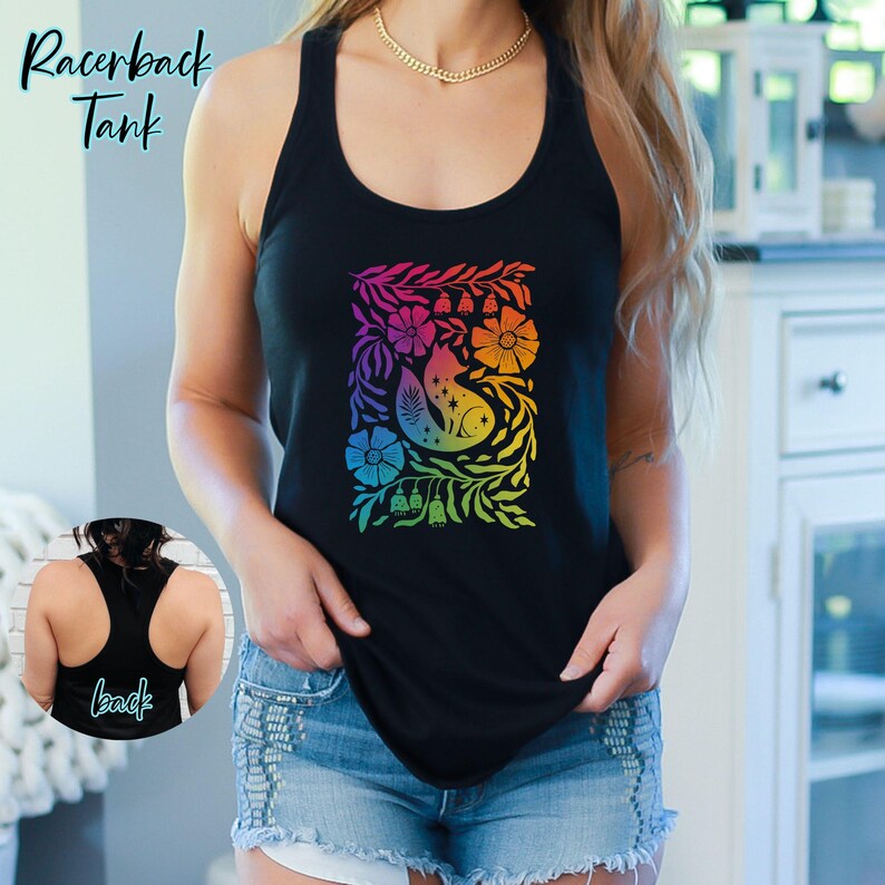 Black Shirts (Comfort Colors long or short sleeve or boxy tee, Gildan hoodie or crewneck sweatshirt or Next Level racerback tank) featuring Cottagecore Fox design in the subtle colors of the Gay Pride flag. LONG sleeves can be customized by adding on my sleeve customization listing in my shop.