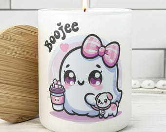 Personalized Cute Pink Ghost with Dog & Latte Coffee Candle, Feminine Kawaii Style Fall Halloween Décor, Y2K Vibe Fall Gifts for Teen Girls