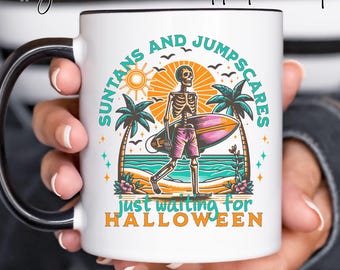Custom Spooky Summer Mug, Summer Skeleton Coffee Cup, Retro Beach Skeleton Mug, Summer Halloween Vibes, Beach Goth Mug, Fall Lover Gift