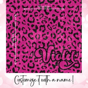 50x60 inch Crushed Velvet Blanket with hot pink & black Y2K inspired leopard pattern design. Can be customized with a name, in decorative retro font.