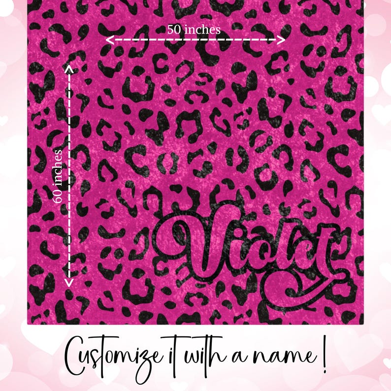 50x60 inch Crushed Velvet Blanket with hot pink & black Y2K inspired leopard pattern design. Can be customized with a name, in decorative retro font.