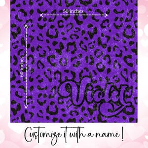 50x60 inch Crushed Velvet Blanket with purple & black Y2K inspired leopard pattern design. Can be customized with a name, in decorative retro font.