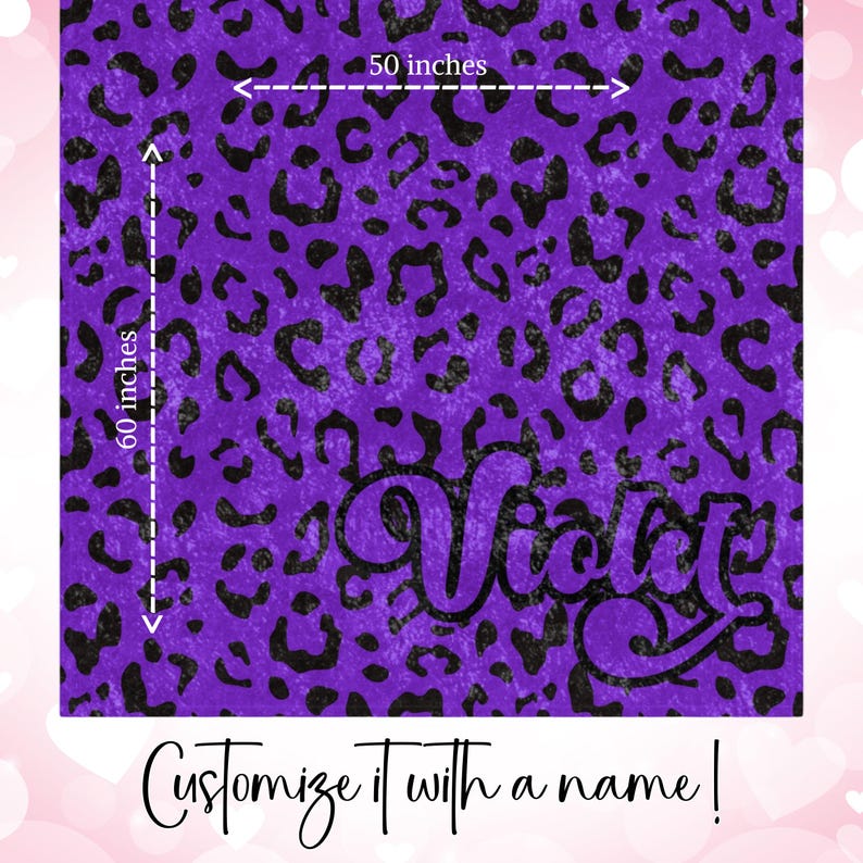 50x60 inch Crushed Velvet Blanket with purple & black Y2K inspired leopard pattern design. Can be customized with a name, in decorative retro font.
