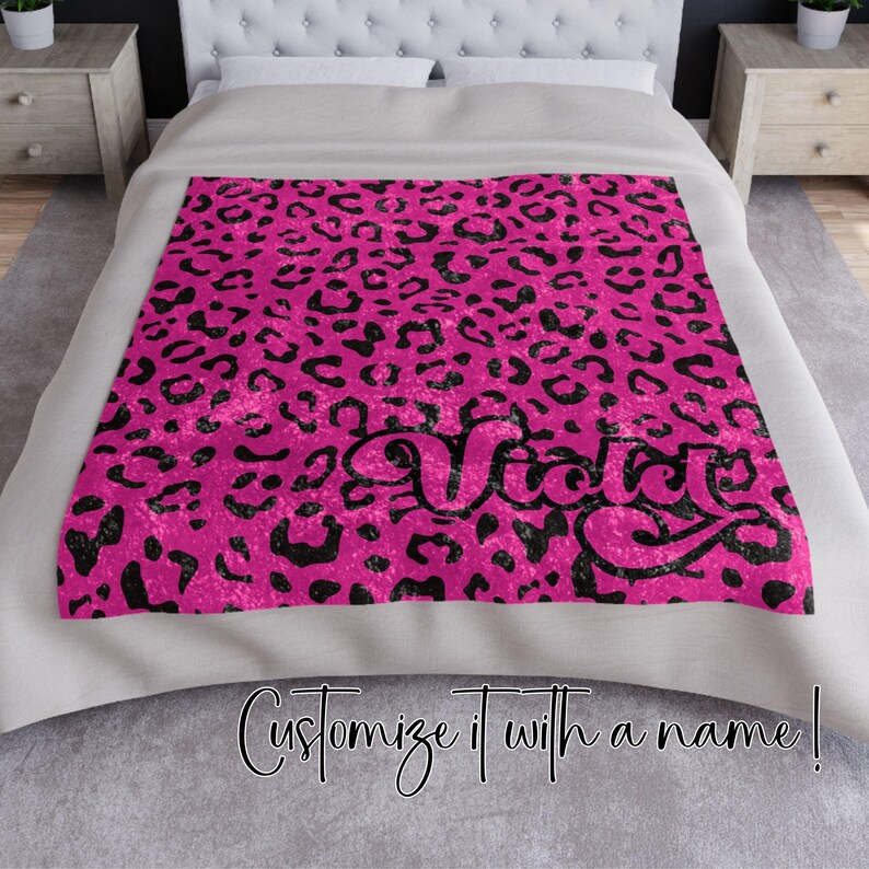 50x60 inch Crushed Velvet Blanket with hot pink & black Y2K inspired leopard pattern design. Can be customized with a name, in decorative retro font.